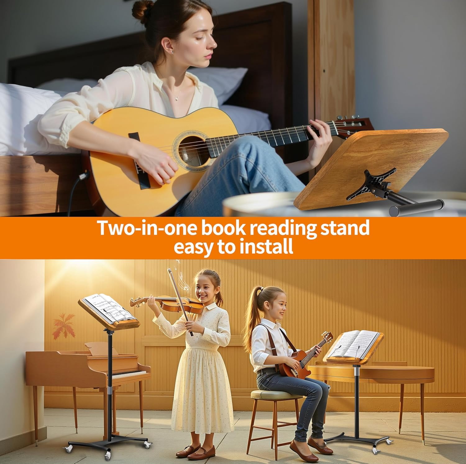 2-in-1 Dual-Use Music Stand & Tabletop Stand, Heavy Duty Wooden Music Stand for Sheet Music, Adjustable Height & Angle, With Page Paper Clip, Ideal for all musicians (Walnut Effect)