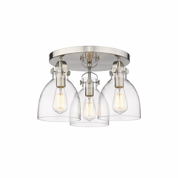 410-3F-SN-G412-7CL Innovations Lighting Newton Bell - 3 Light Flush Mount In Industrial Style-10.88 Inches Tall and 19.63 Inches Wide-Satin Nickel