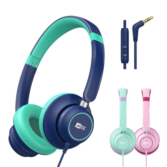 MEE audio KidJamz KJ45 Auriculares de escucha segura para niños con limitador de volumen y micrófono, auriculares supraaurales ajustables para niños con cable y conector de 3,5 mm para aprendizaje en
