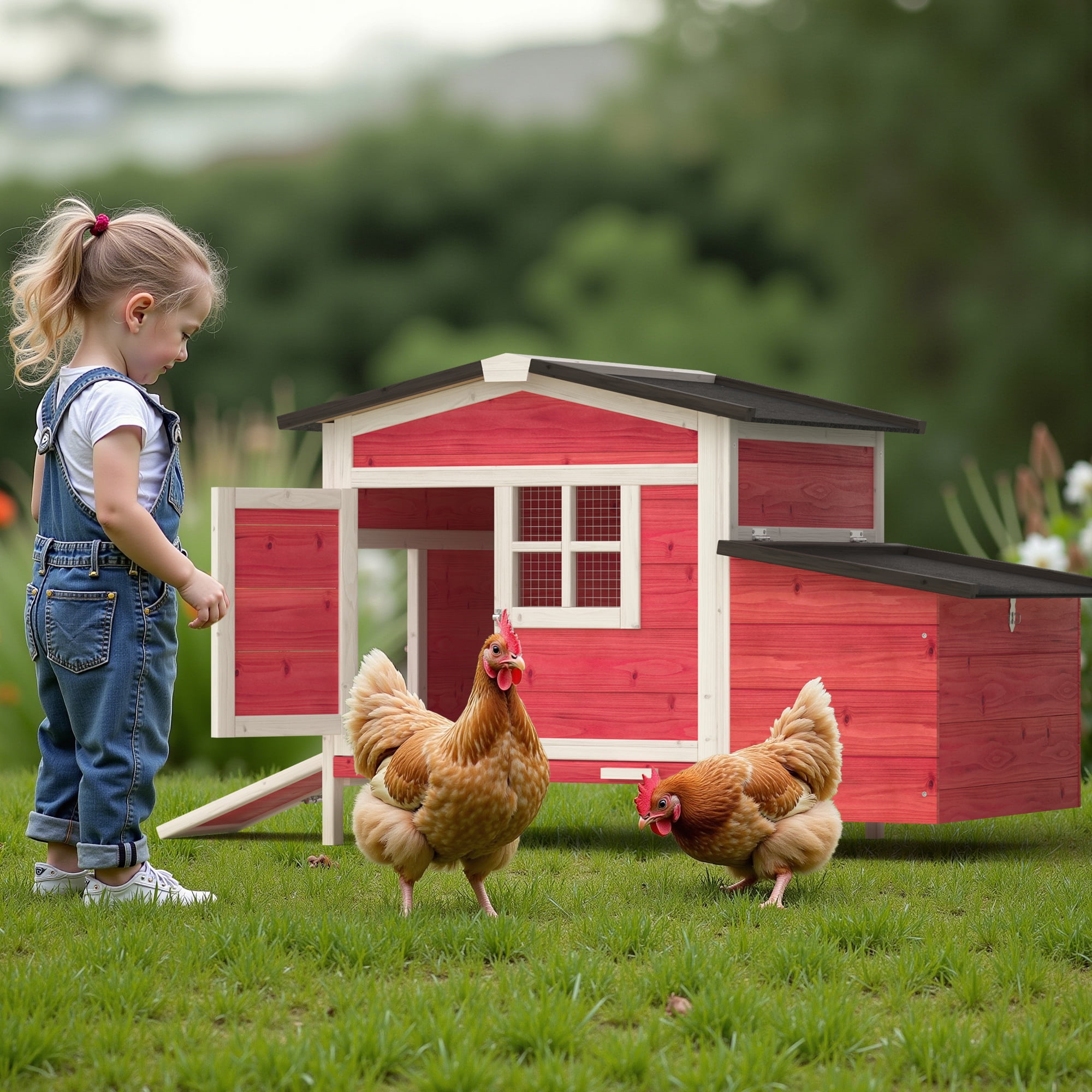GOJOOASIS Outdoor Rabbit Hutch Chicken Coop with Tray & Nesting Box Wooden Cage,Red