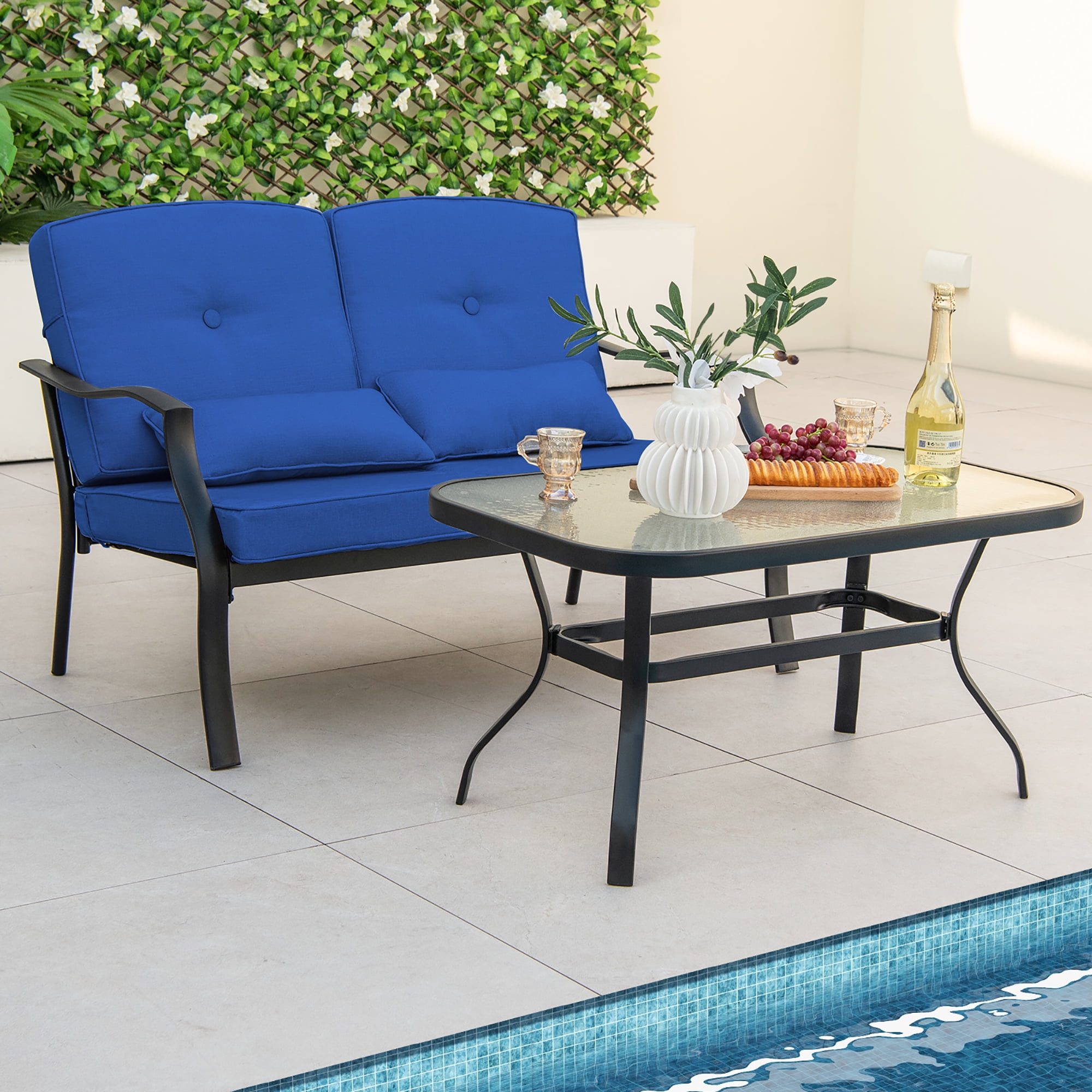 Gymax 2 PCS Patio Metal Chairs Outdoor Dining Seat Heavy Duty w/ Cushions Garden Blue