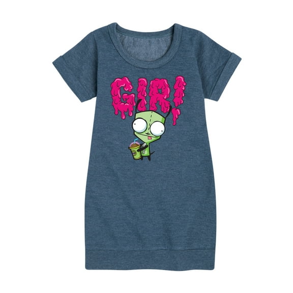 Invader ZIM - GIR Drinking and Sticking Tongue Out - Toddler And Youth Girls Fleece Dress