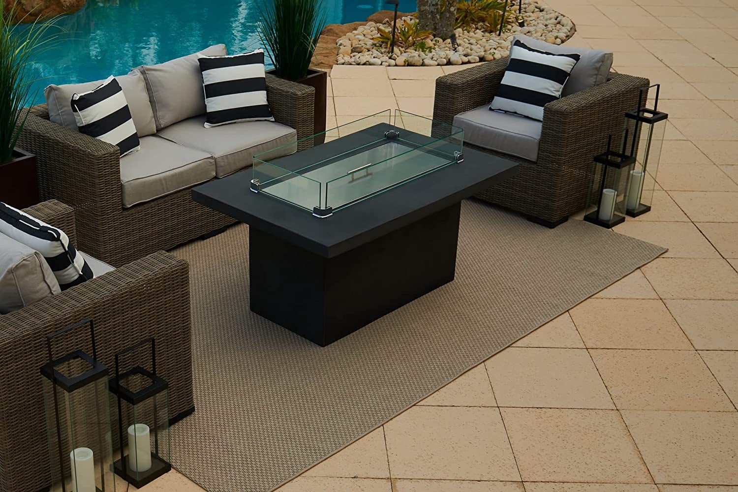 50" Rectangular Concrete Smokeless Fire Pit for Patio, Table W/ Glass Guard and Crystals in Gray (50" Rectangular Gray, Clear Crystals)