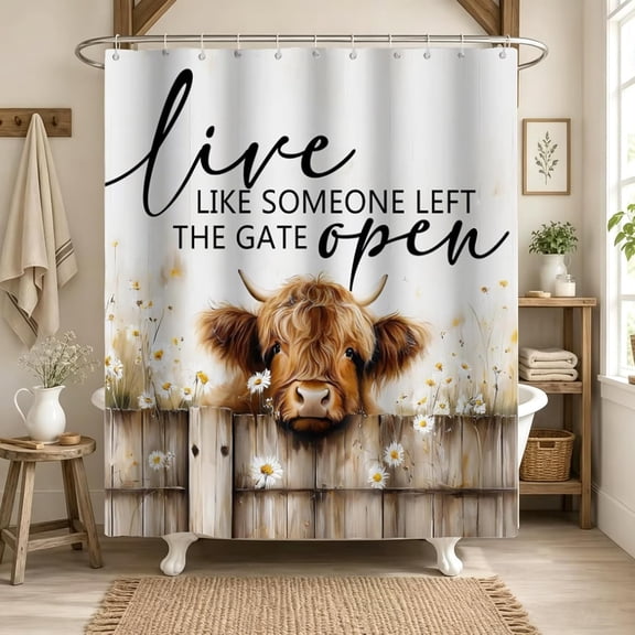Highland Cow Shower Curtain Farmhouse Bathroom Decor Live Like Someone Left The Gate Open Funny Animal Fabric Shower Curtain with Hooks 71x71 Inches