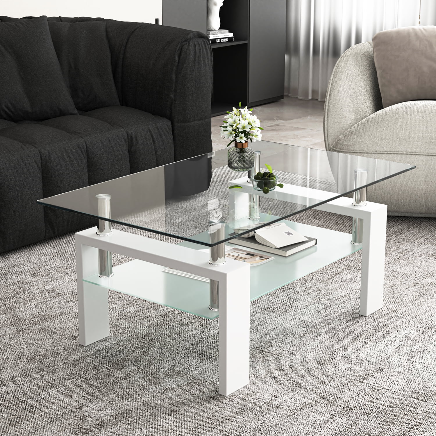 Resenkos Industrial Living Room Table with Open Storage and White Wood Legs, Clear Glass Coffee Table Sofa Tables for Home Office Resenkos Industrial Living Room Table with Open Storage and White Wood Legs, Clear Glass Coffee Table Sofa Tables for Home Office