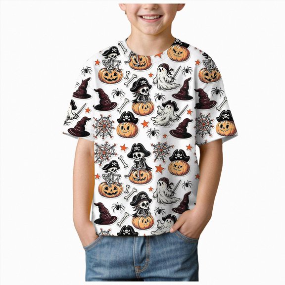 CAICJ98 Halloween Shirts Toddler Boy Girl Pumpkin Ghost Short Sleeve Cotton Tshirt Clothes Halloween T Shirts Kids (Black,4-5 Years)