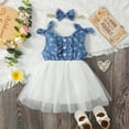 thumbnail image 3 of Kucnuzki Newborn Baby Girl Dress 9 Months Summer Dress 12 Months Sling Rose Prints Denim Upper Mesh Hemline Drees Headband 2PCS Set Blue, 3 of 7