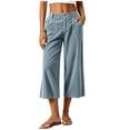 thumbnail image 4 of Women's Corduroy High Waist Capri Wide Leg Pants Soft Casual Cropped Culottes with Pockets Vintage Casual Streetwear Trousers Fall Outfit Light Blue, 4 of 9