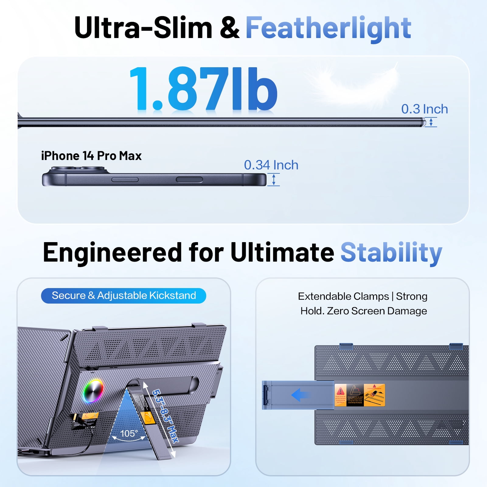 Laptop Screen Extender, 14" FHD 1080P IPS Portable Dual Monitor for Laptop, USB-C/HDMI Compatible, Plug & Play, Lightweight 1.87lb, for 13-17.3” Windows Mac Chromebook