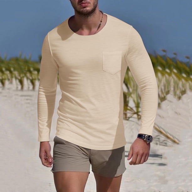 pstuiky camisas de manga larga para hombre, Camiseta deportiva de manga larga con cuello redondo y bolsillo informal de colores sólidos para hombre salir tops xl