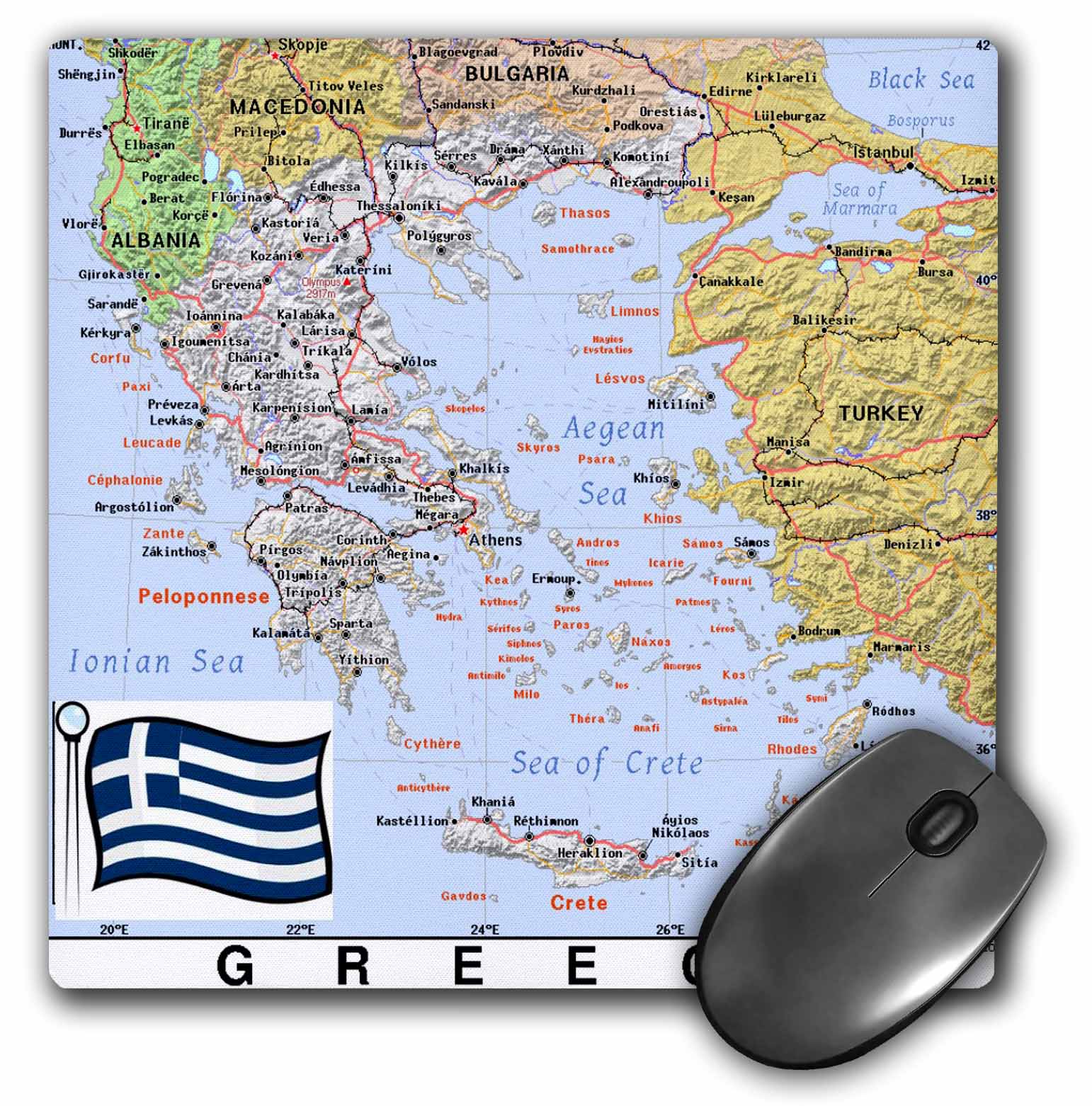 3dRose Image of Topographic Map of Greece With Flag Mouse Pad, 8 by 8