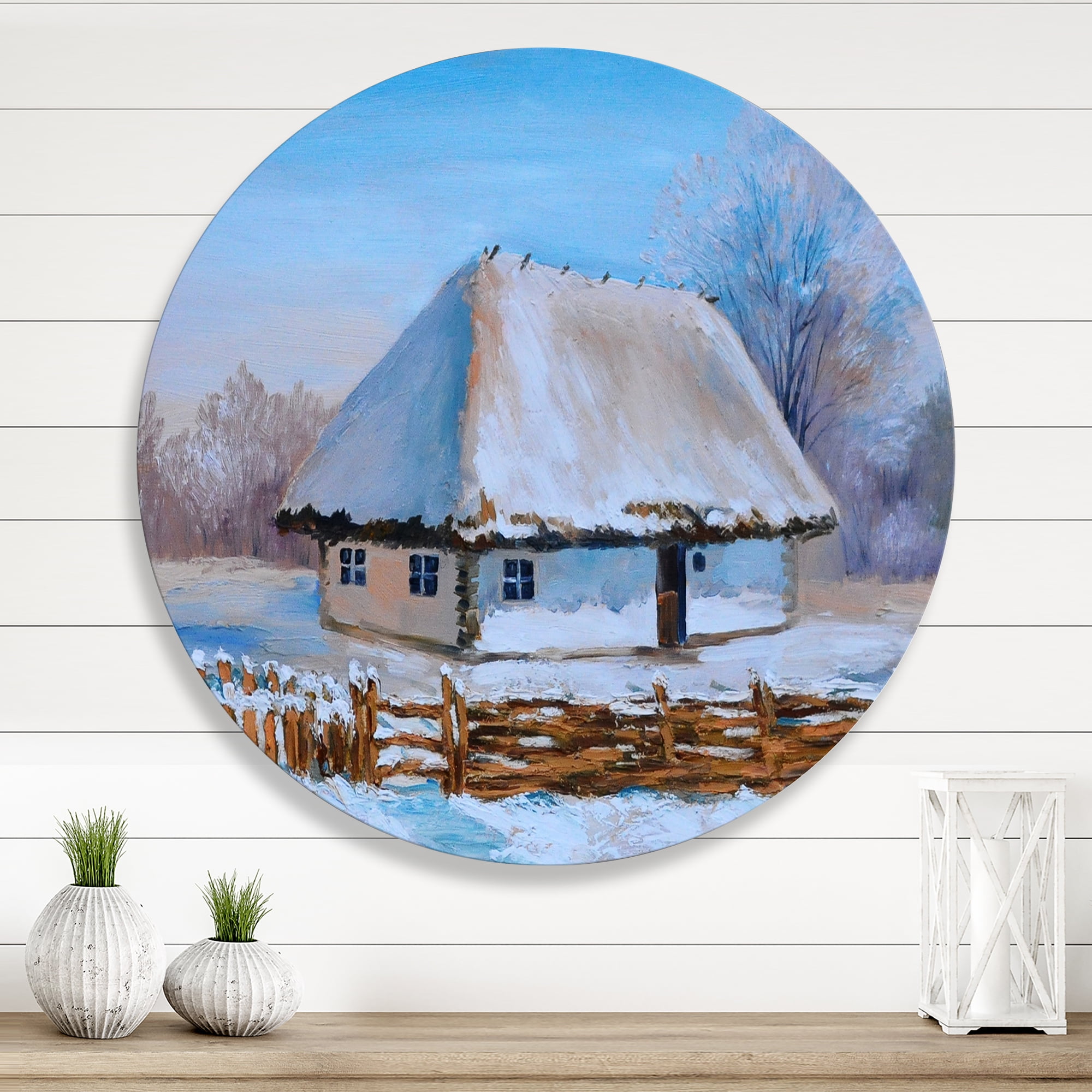 Designart 'Traditional Cottage Covered With Snow In Winter I' Traditional Circle Metal Wall Art 23x23 - Disc of 23