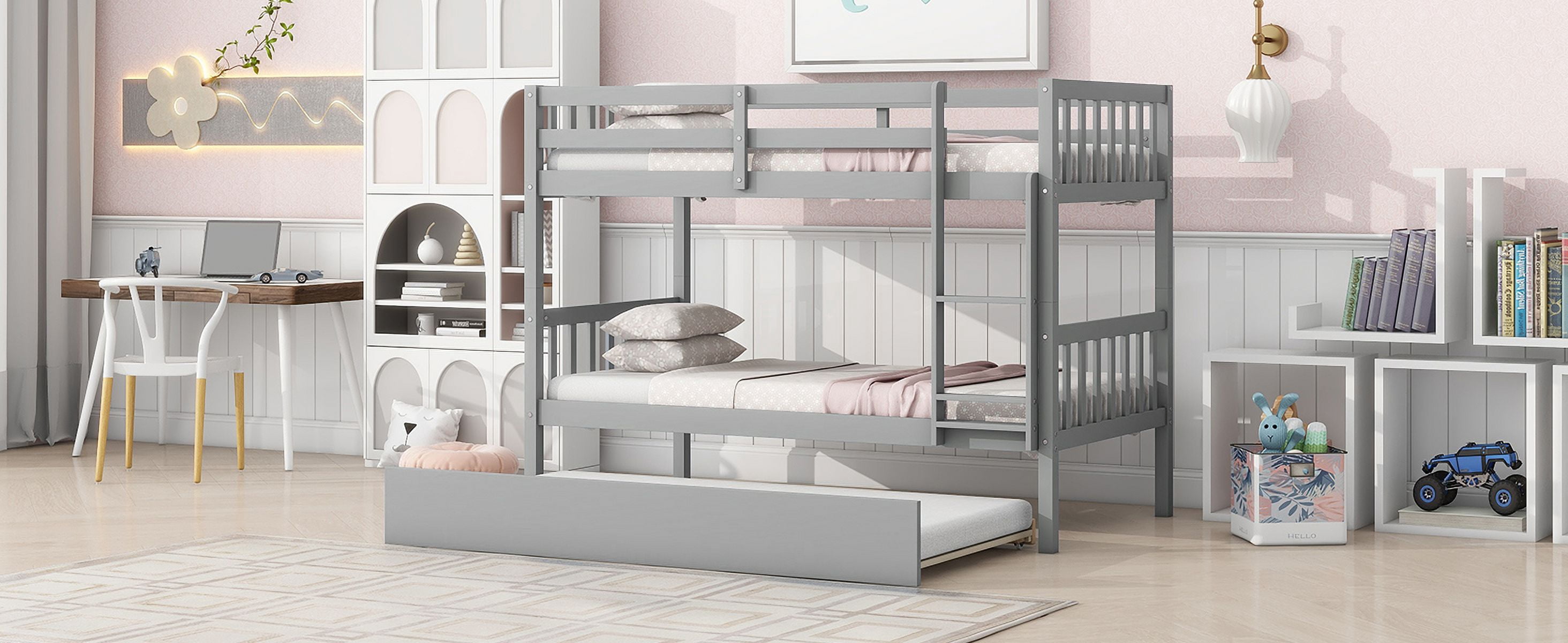 Sailvan Bunk Bed Twin Over Twin,Convertible into Two Twin Size Beds, with Ladder and Safety Guardrails,Rubber Wood