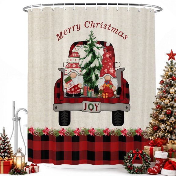Vintage Christmas Tree Dwarf Shower Curtain for Bathroom, Red Black Check Waterproof Shower Curtains Washable Quick Dry with Hooks Bathtub Curtains 36x72IN