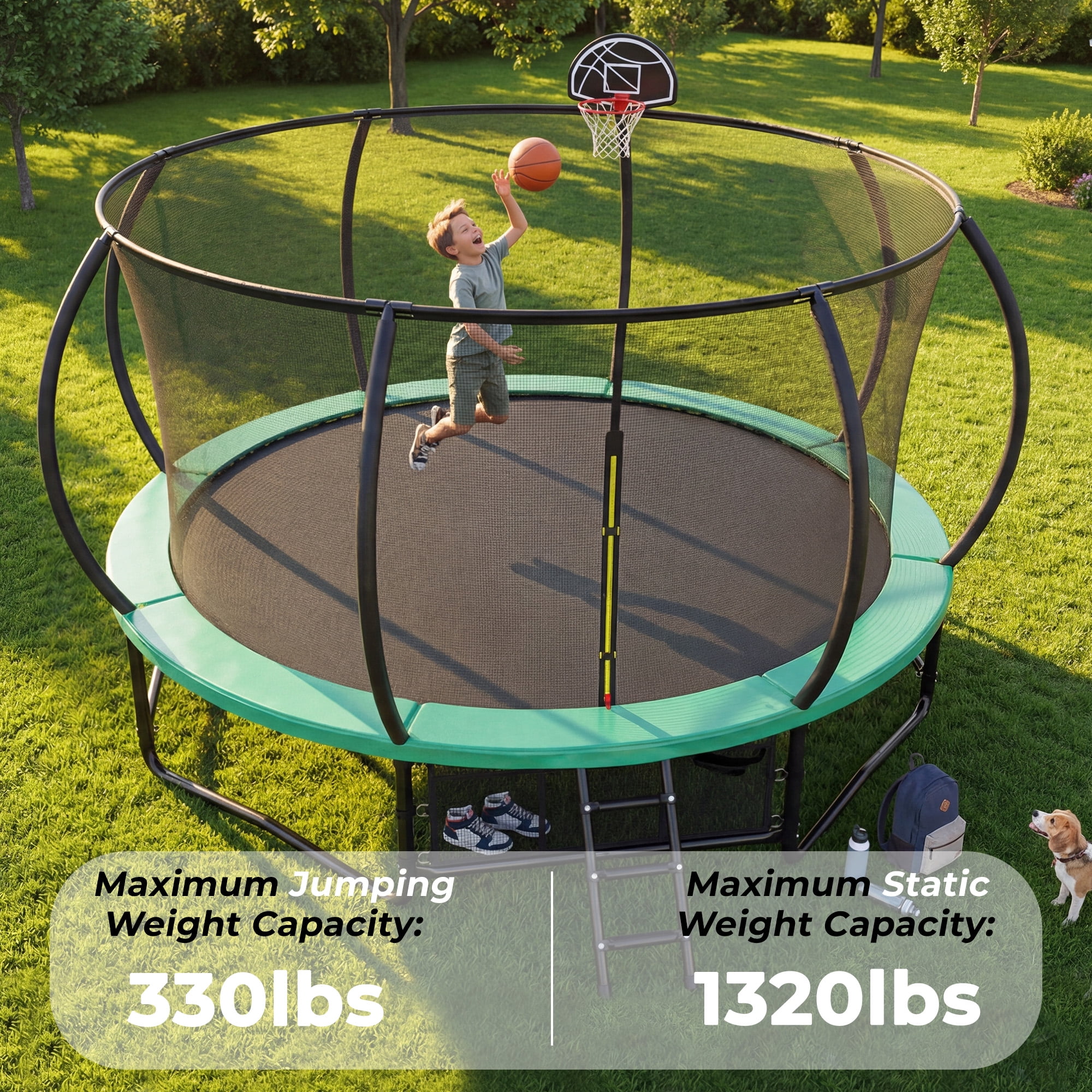 Mersco 14ft Trampoline for Kids and Adults, Pumpkin Outdoor Trampoline with Basketball Hoop,Enclosure Net and Storage Bag, Trampoline SPACE for Boys and Girls Birthday Gifts,Green