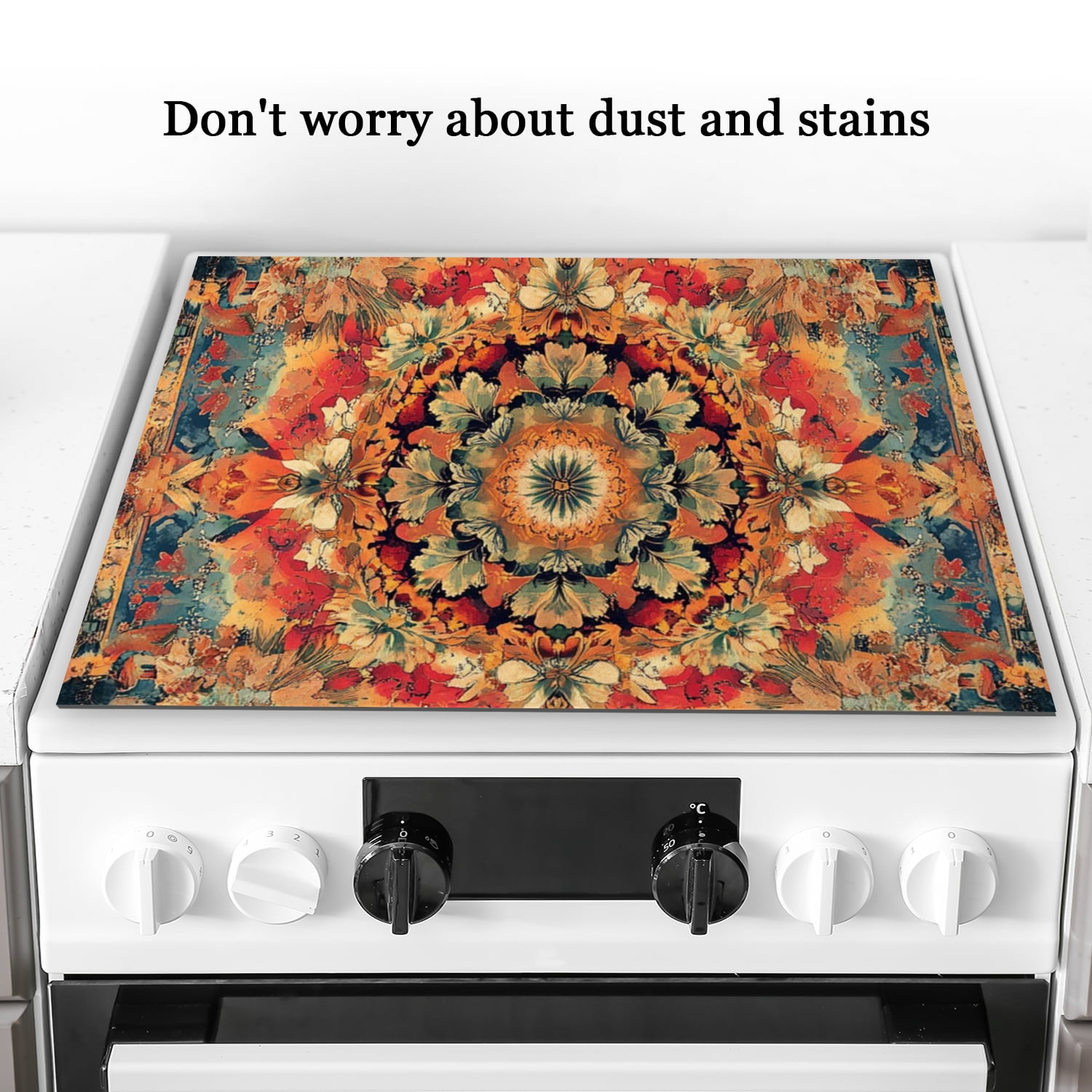 Square Glasstop Stove Covers, Retro Mandala Flower Pattern Design Heat Resistant Stove Top Cover, Multipurpose Washable Countertop Mat for Kitchen RV (28×20 Inch)