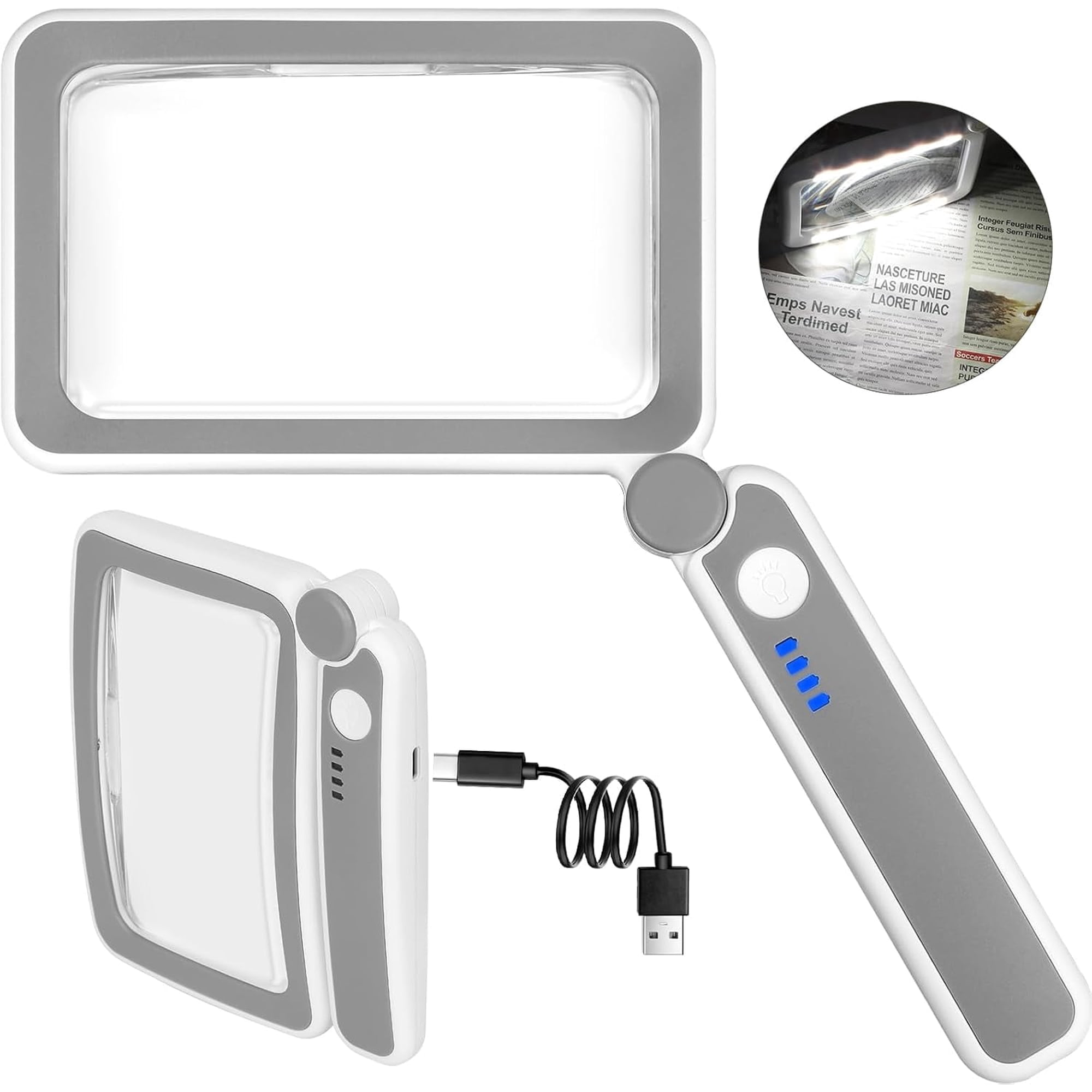 Rechargeable Magnifying Glass with Light for Reading, Page Magnifier with 10 LEDs Lighted for Seniors Low Vision, Folding Handheld Lightweight Rectangle Magnifier for Reading Book Small Print