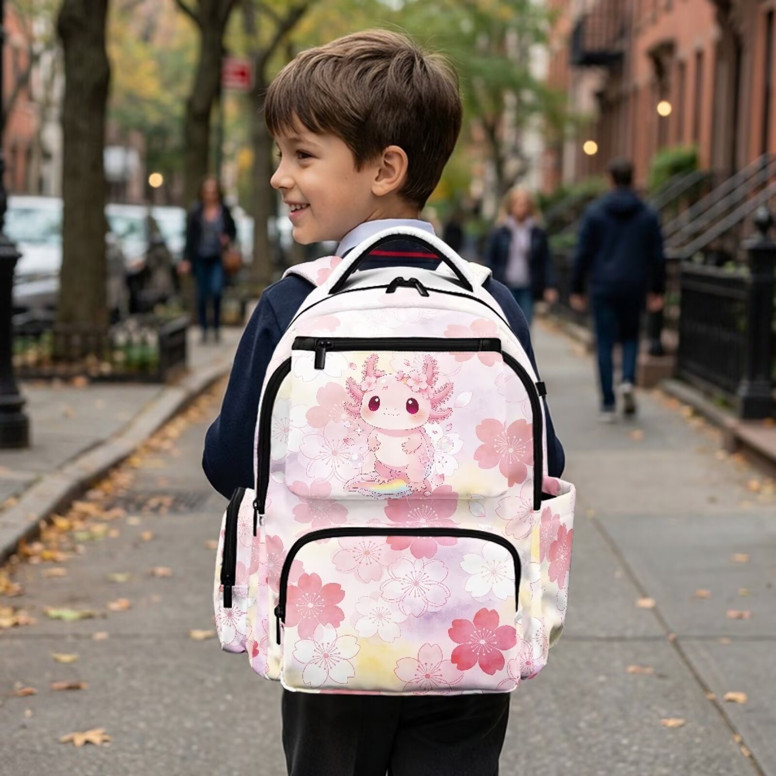 Mochila infantil Axolotl para niña, flor de cerezo linda, liviana, transpirable, duradera, impermeable, con múltiples bolsillos, para niños de 6 a 12 años, regreso a clases 5