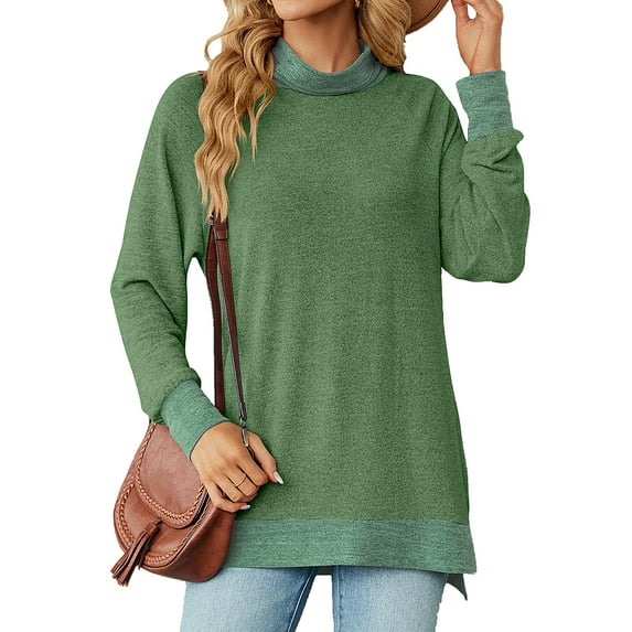 Hanerdun Women Pullover Blouse Female High Collar Long Sleeve Top Green S