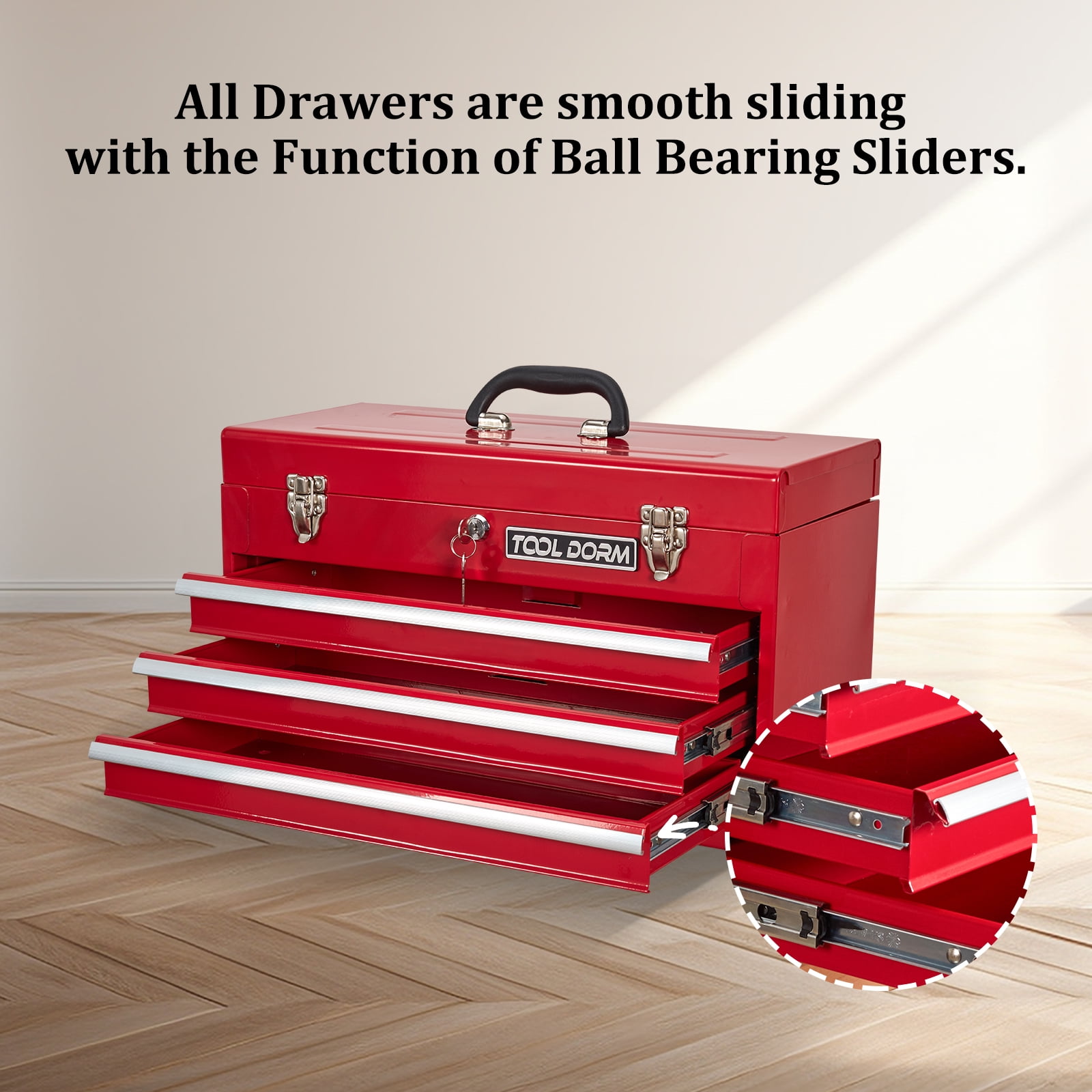 20.3“ Metal Tool Box with Drawer Portable Steel Metal Tool Box with Protective Liner and Metal Latch Closure and Lock for Garage, Home and Warehouse (Red-3 Drawers)