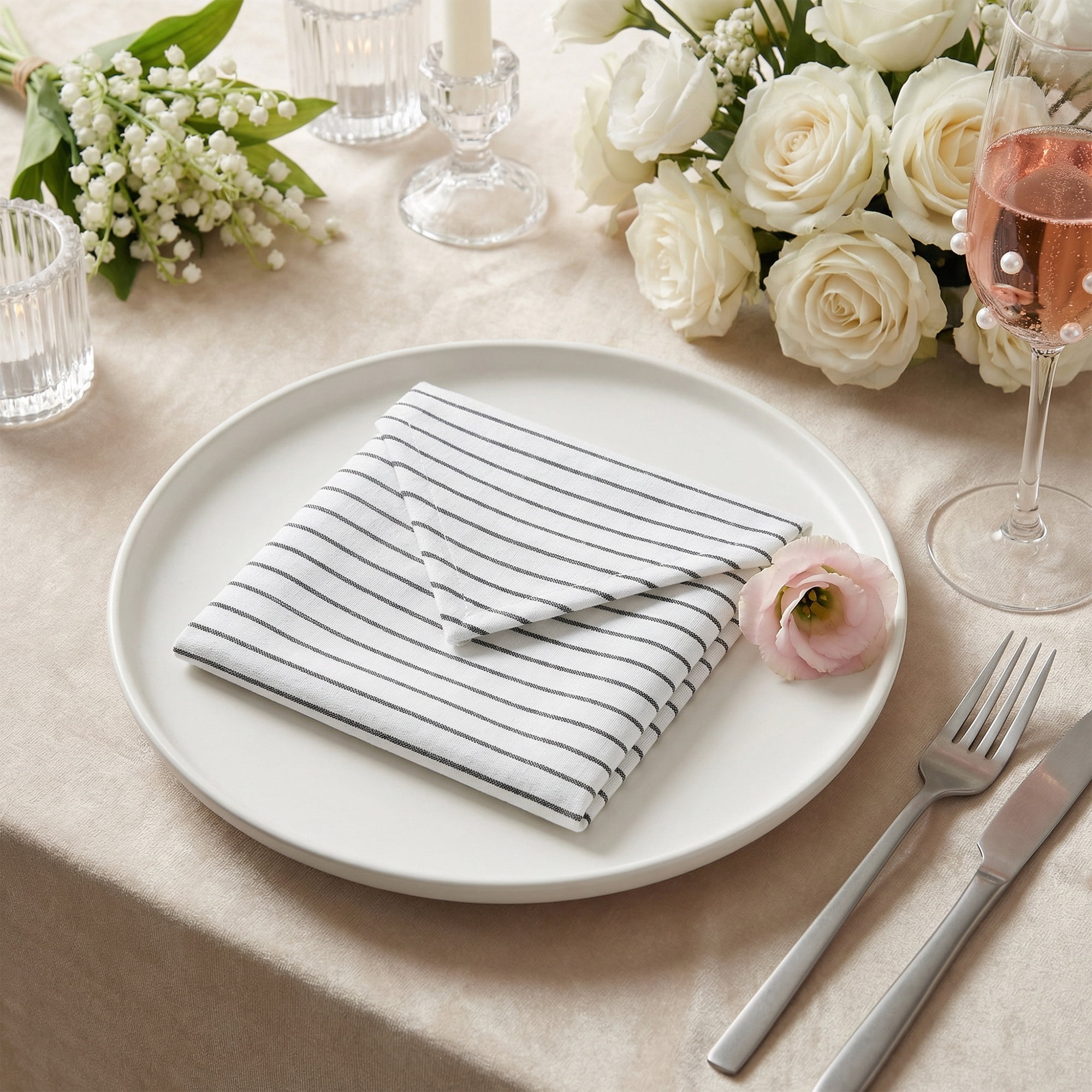 Unique Bargains 6Pcs Cotton Dining Events Cloth Napkins Thin Stripes 28x20inch