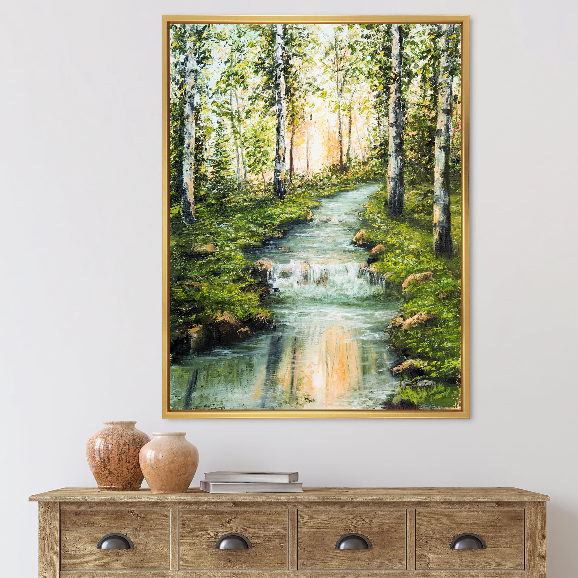 Designart 'River Through Green Birch Forest' Lake House Framed Canvas Wall Art Print