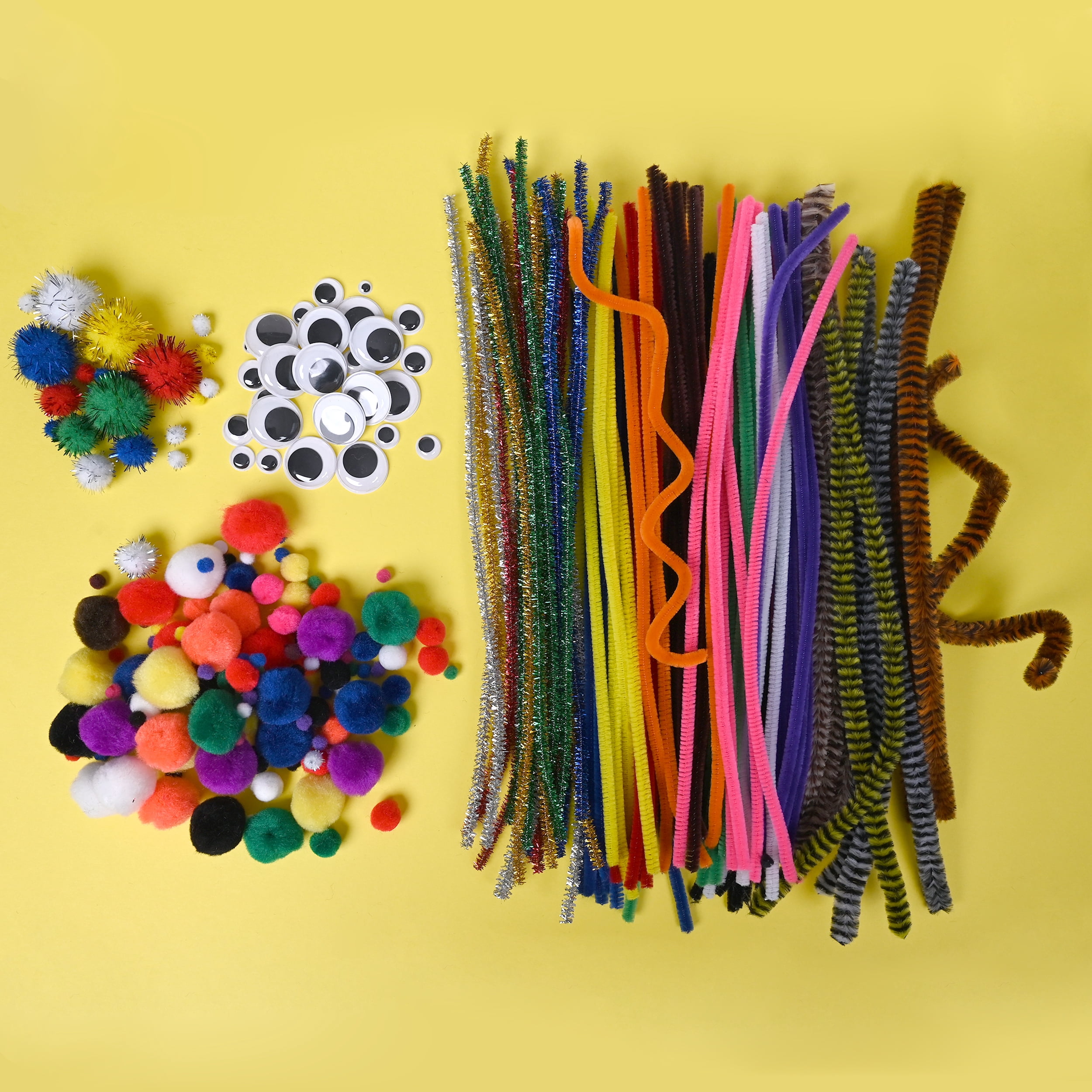 Hello Hobby Fuzzy Craft Kit, 300 Count, Natural Multicolor Chenille Stems and Poms for Kids Crafts and DIY Projects