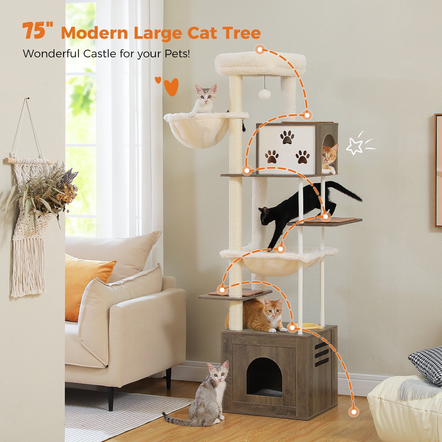 Pefilos 74" Cat Tree with Food Station, Wooden Tall Cat Tower with Condos and Hammocks,Spacious Perch,Sisal and Steel Posts, Scratching Mat, Gray