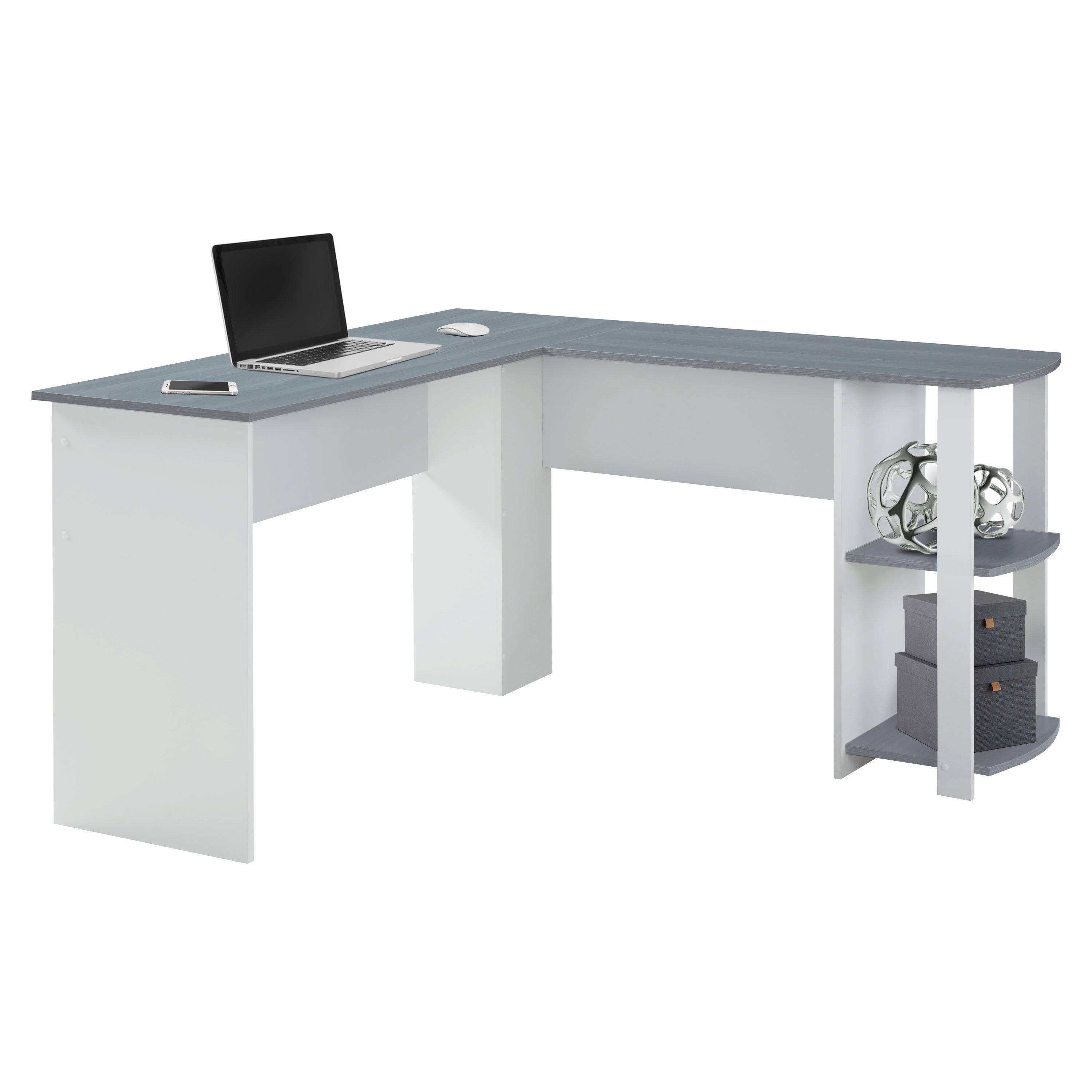 Techni Mobili Modern LShaped Desk with Side Shelves, Grey