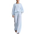 thumbnail image 2 of Mifsaly 2 Piece Linen Set for Women Crewneck Balloon Sleeve Tops and Lounge Trousers Trendy Going Out Travel Airport Vacation Matching Outfits, 2 of 7
