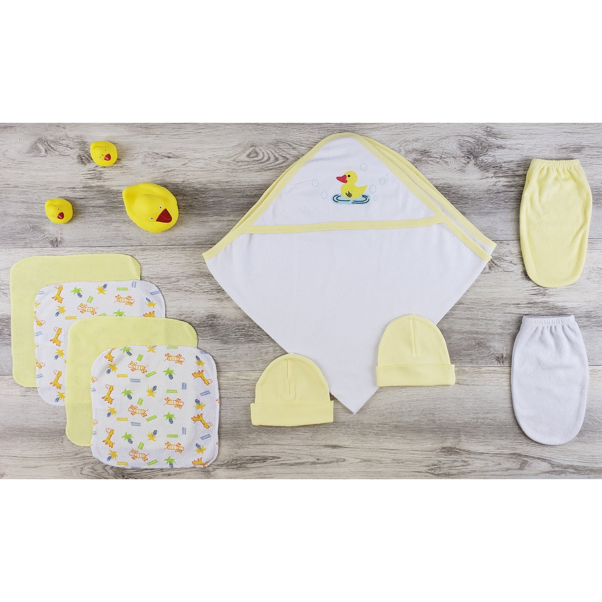 LS-0633 Hooded Towel, Bath Mittens & Caps, Yellow & White - Newborn
