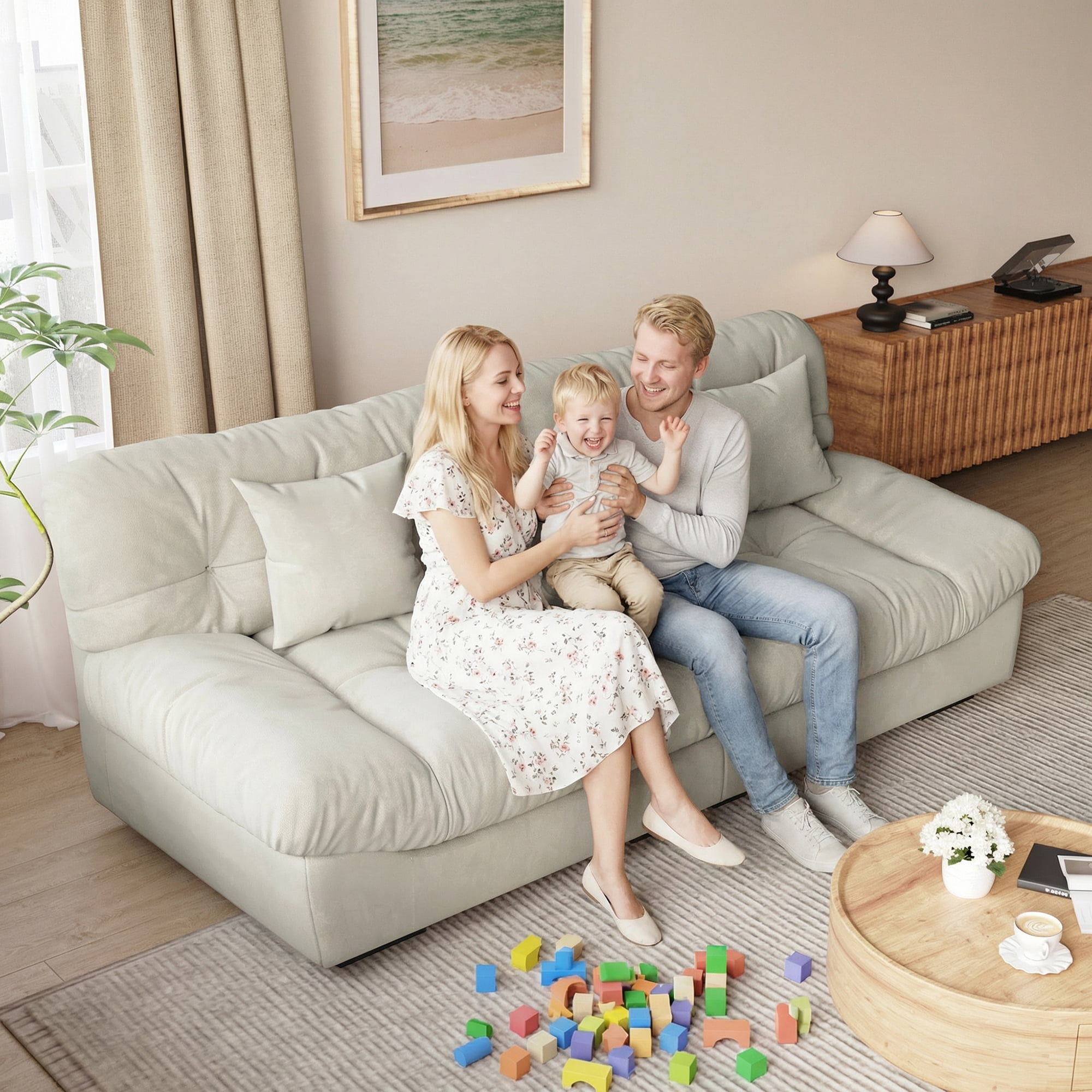 Magic Home 89" Cloud Sofa,Modern Velvet Couch,3-Seat Sofa for Living Room,Apartment and Small Space,Beige