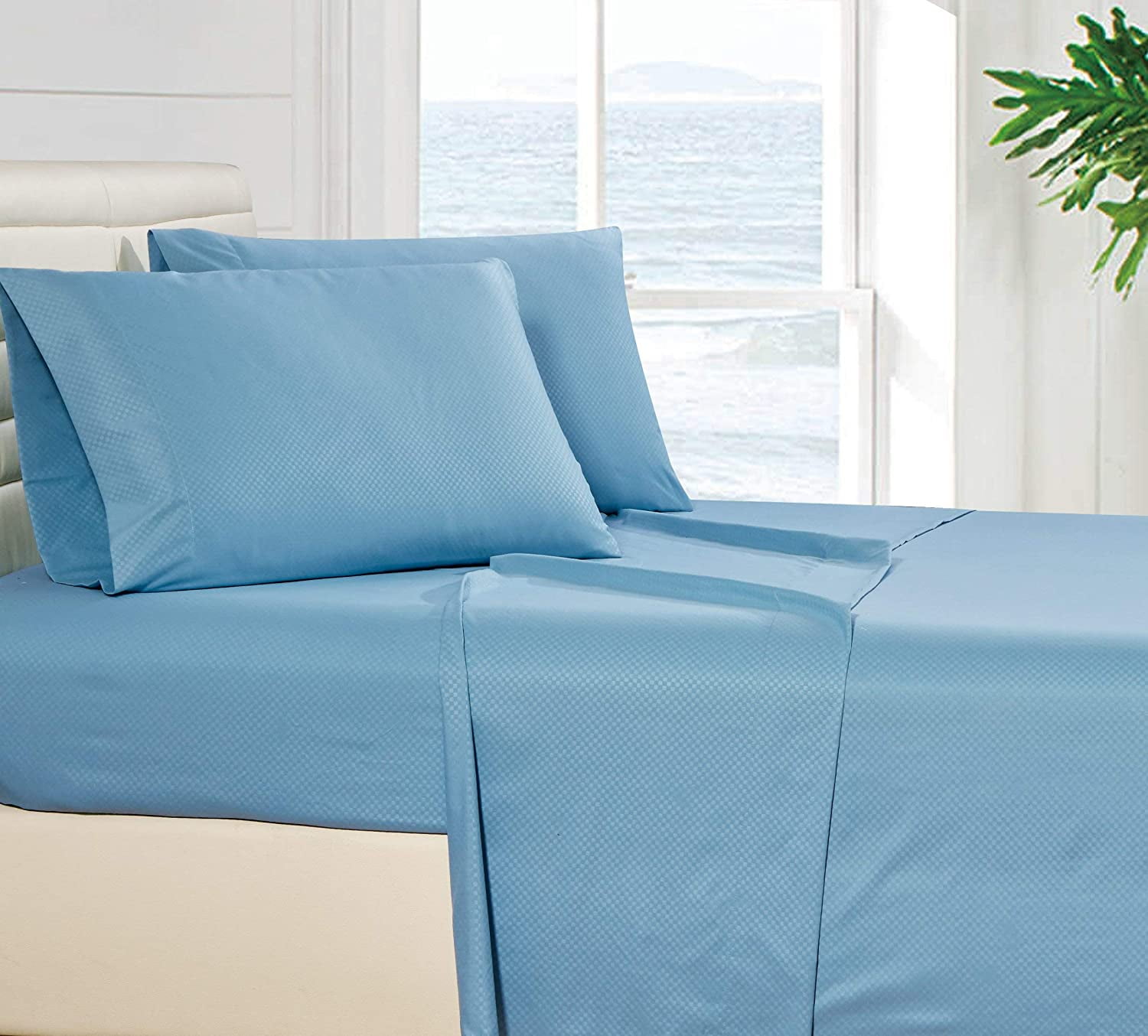 Checkered Embossed Bed Sheet Set (Queen, Blue) 4 Piece Deep Pocket 1800