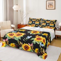 Manfei Black Orange Sunflower Full Size Sheets for Women, Kawaii Butterfly Animal Bed Sheets, Farmhouse Style Sheet Sets, Microfiber Bedroom Decor, 4 Pieces