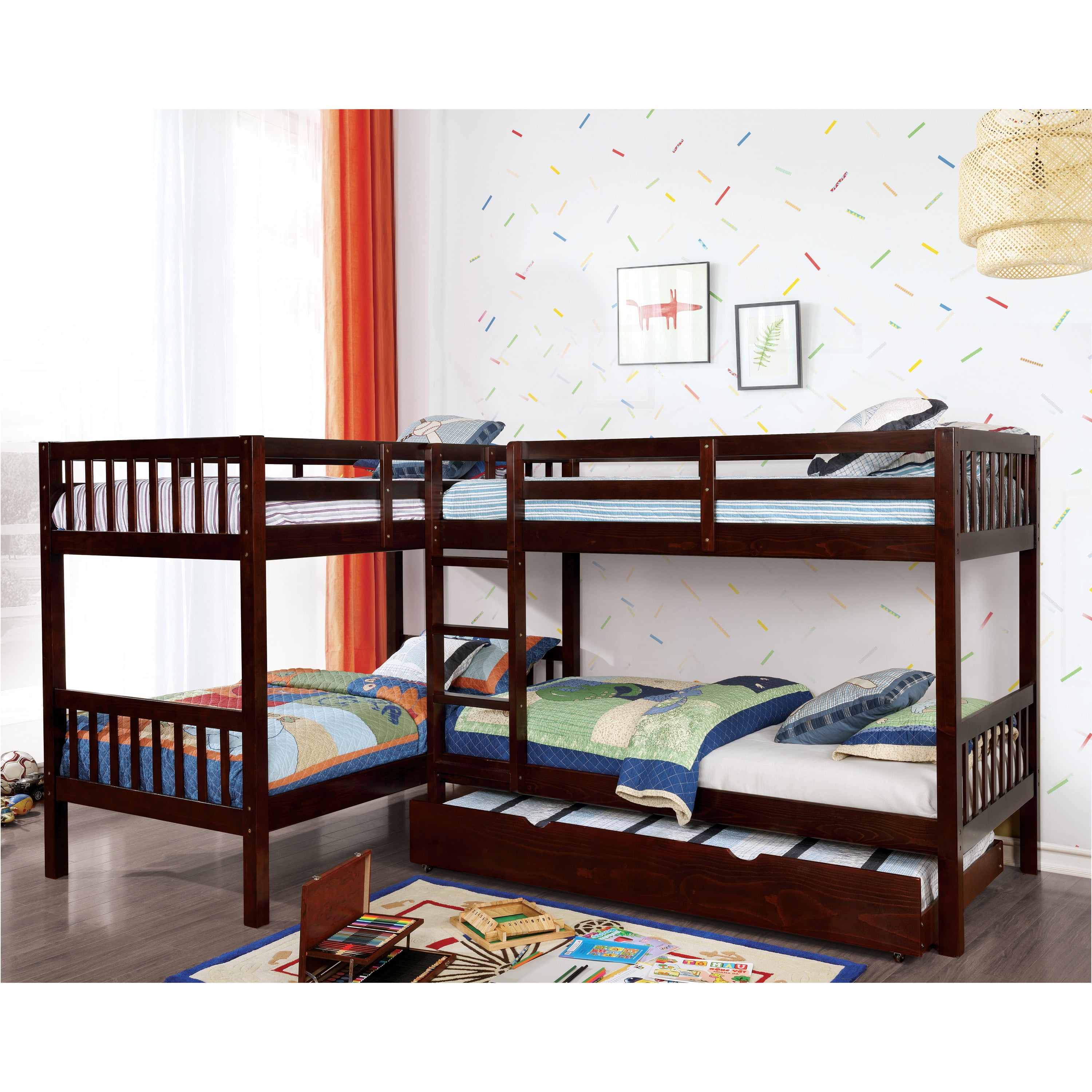 Furniture of America Wellick Wood Quadruple Bunk Bed, Twin, Dark Walnut