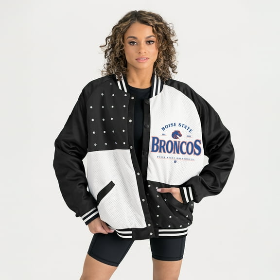 Women's Gameday Couture Black Boise State Broncos Oversized Inner Drive Varsity Rhinestone Full-Snap Bomber Jacket