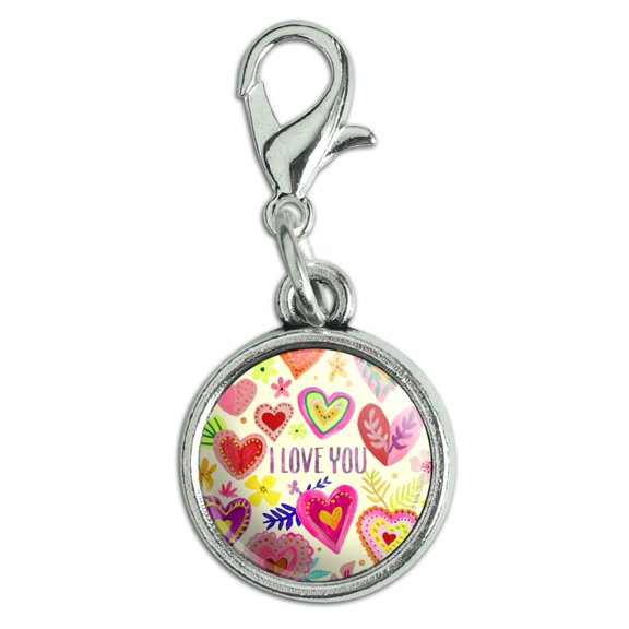 I Love You Valentine's Day Hearts Antiqued Bracelet Pendant Zipper Pull Charm with Lobster Clasp