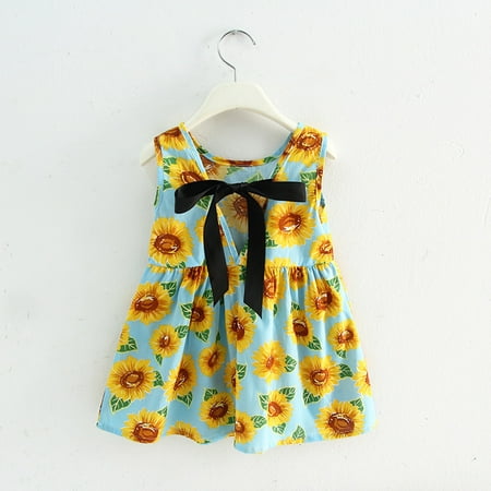 

THE WILD Girls Dresses Kawaii Ruffled Sunflower Print Floral O-Neck Sleeveless Midi Prom Dress Sky Blue