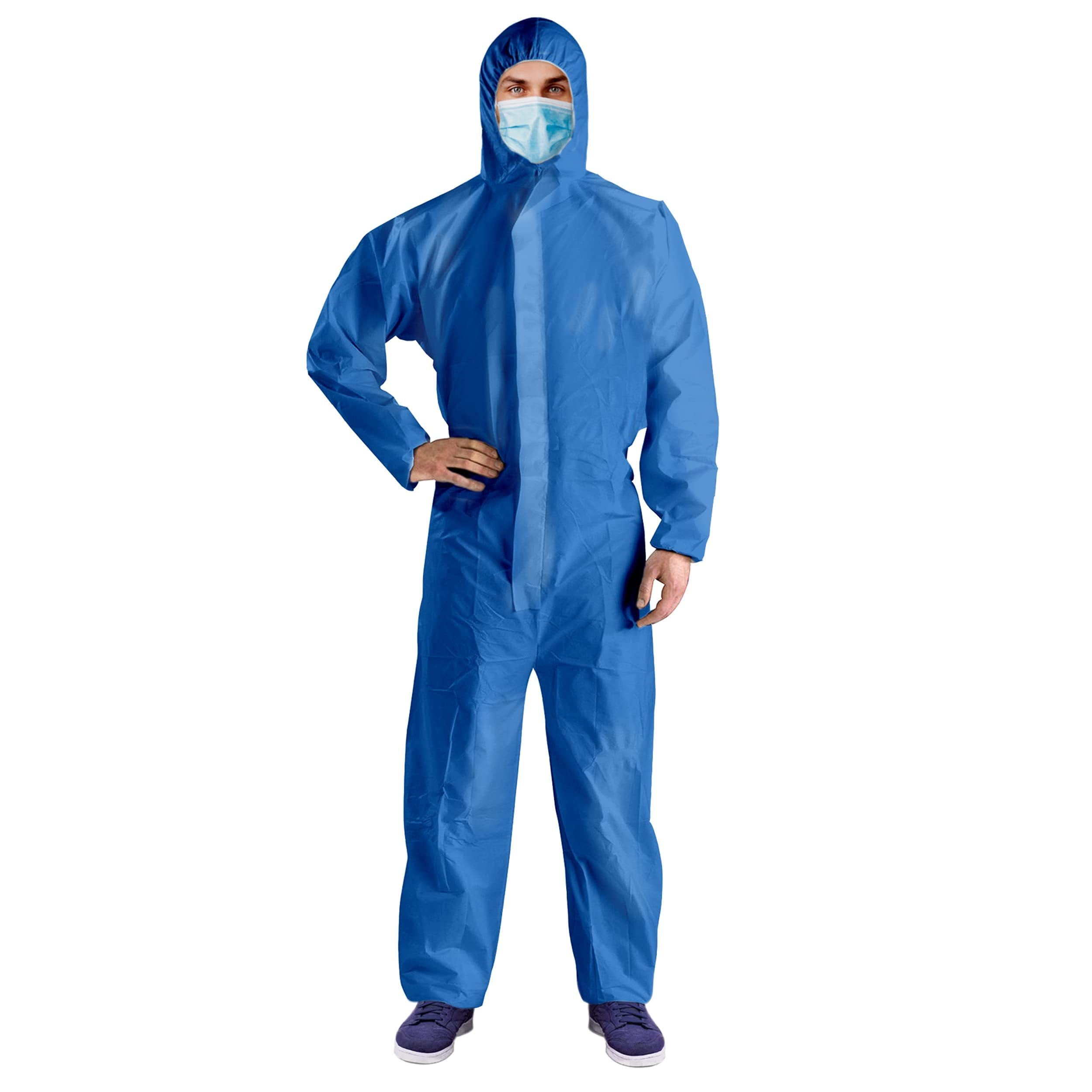 Blue Disposable Coveralls with Hood, X-Large Size. Pack of 5