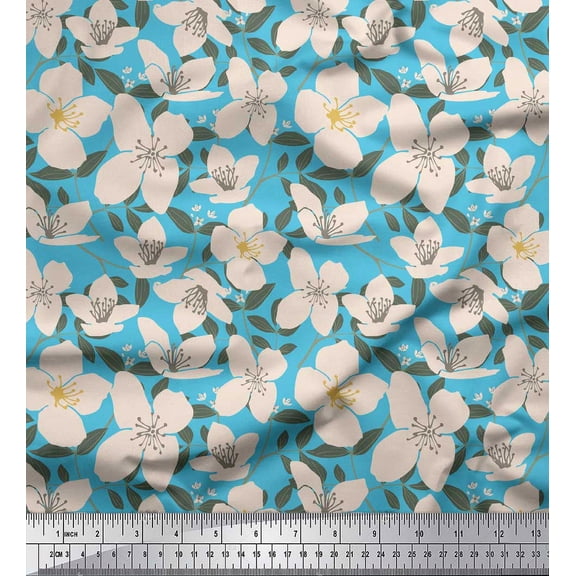 Soimoi Blue Cotton Duck Fabric Leaves & Floral Decor Fabric Printed BTY 42 Inch Wide