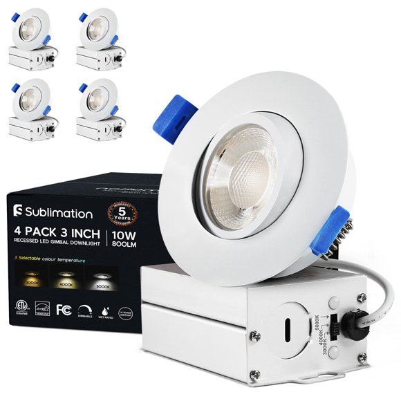 Sublimation 4 Packs 3 Inch Gimbal Led Recessed Light with Junction Box 10w,Waterproof recessed Lights for Shower,3 Colors Adjusta