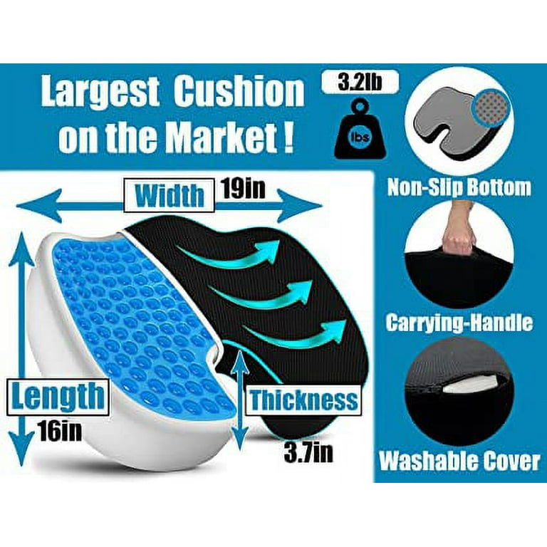 Gel Seat Cushion for Long Sitting Pressure Relief (Super Large & Thick) -  Non-Slip Gel Chair Cushion for Back,Sciatica,Tailbone Pain Relief - Seat