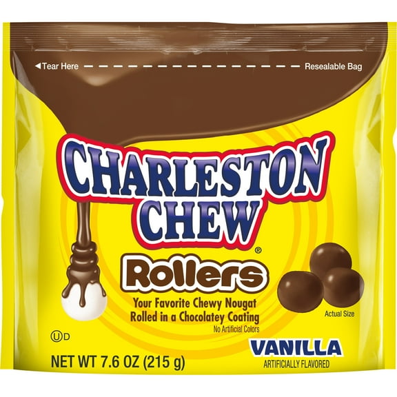 Charleston Chew Rollers, Milk Chocolate Covered Chewy Nougat, 7.6 oz. Peanut Free, Gluten Free. Contains Milk, Soy and Egg.