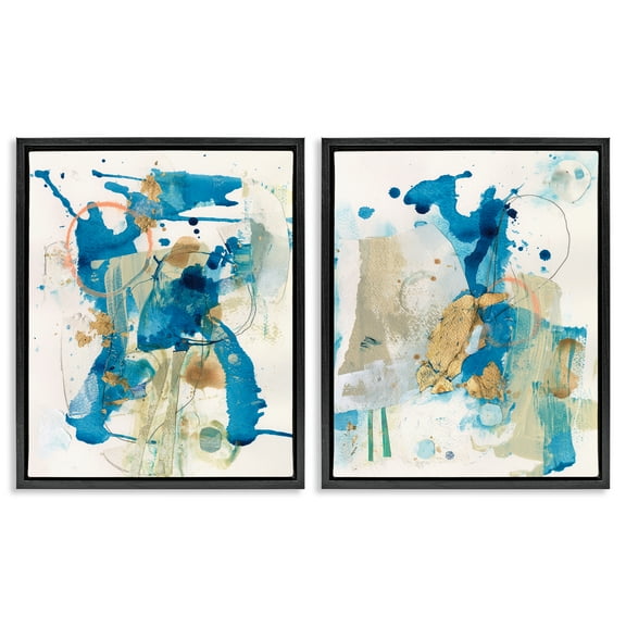 Stupell Industries Abstract Blue Gold Splash Abstract Painting Black Floater Framed Canvas Art Print Wall Art, 17 x 21, Set of 2