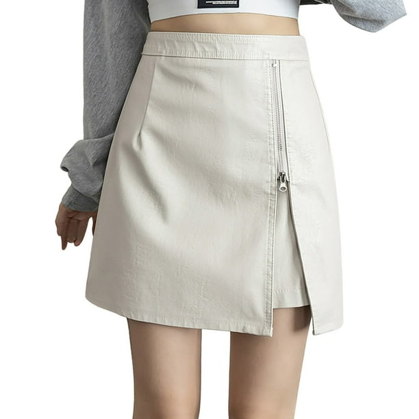 Gibobby faldas aesthetic Falda corta de color para mujer, falda a la cadera, falda de cuero ajustada, minifalda con abertura(Beige, XL)
