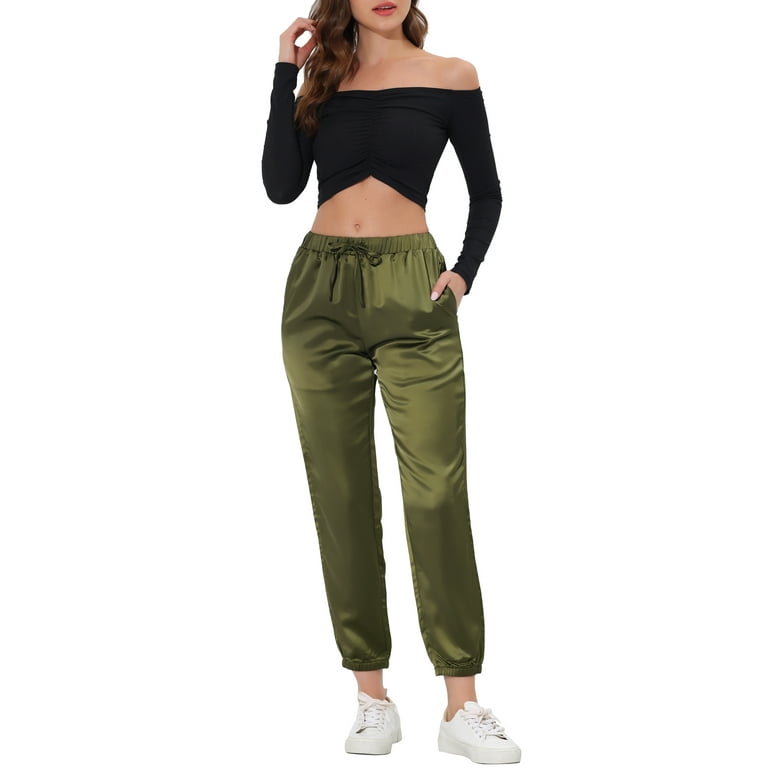cheibear Women s Satin Joggers with Pocket Trousers Ankle Drawstring Lounge Pants Walmart