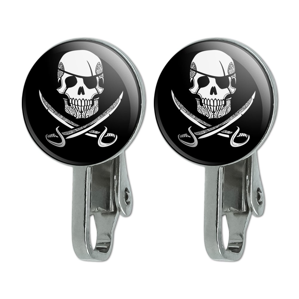 Pirate Skull Crossed Swords Tattoo Design Novelty Clip-On Stud Earrings