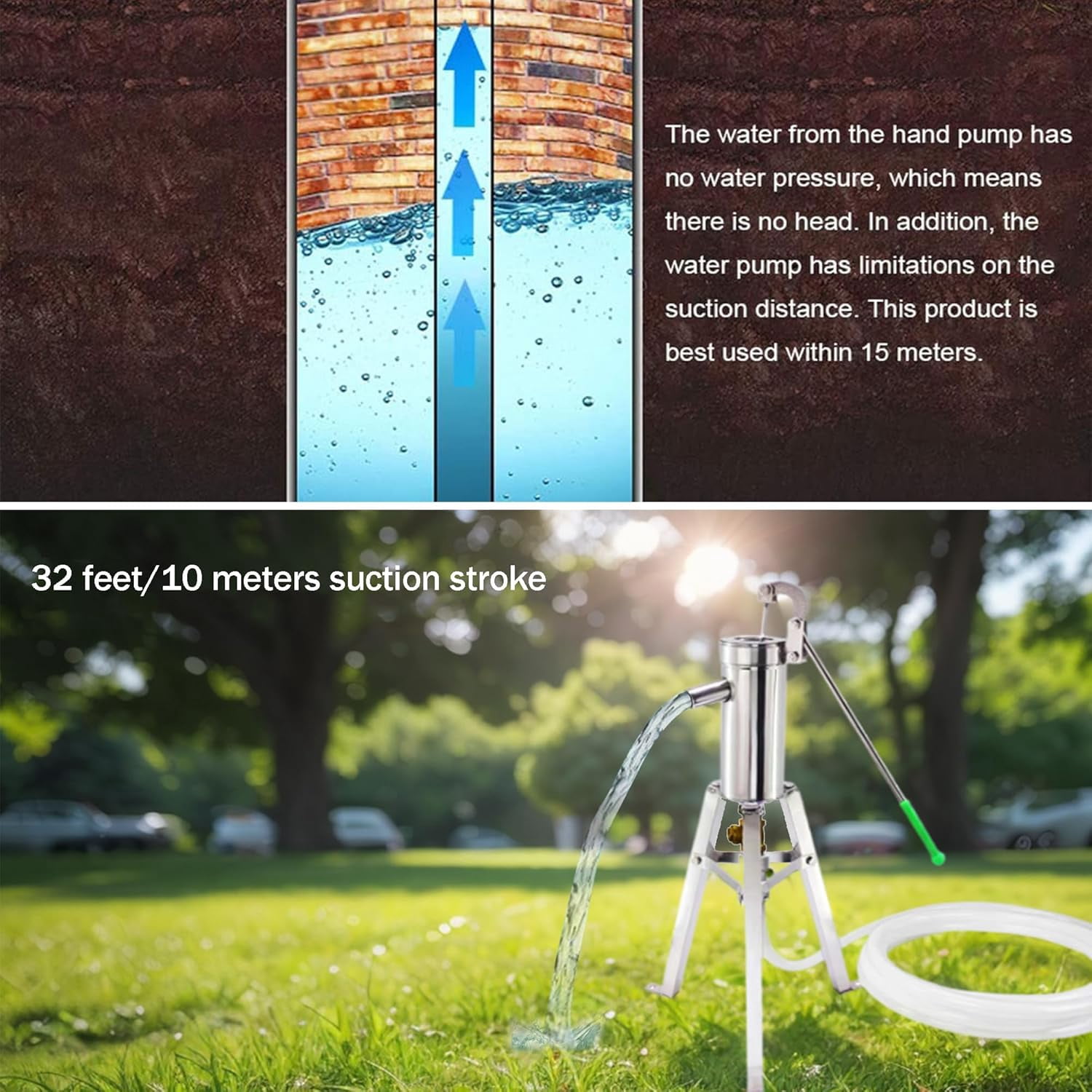 Well Pump,Deep Well Pump,Stainless Steel Manual Water Pump,Durable Pitcher for Groundwater Extraction,Ideal for Home Garden,Yard and Farm Use,Suction range 32 Feet/10 Meters