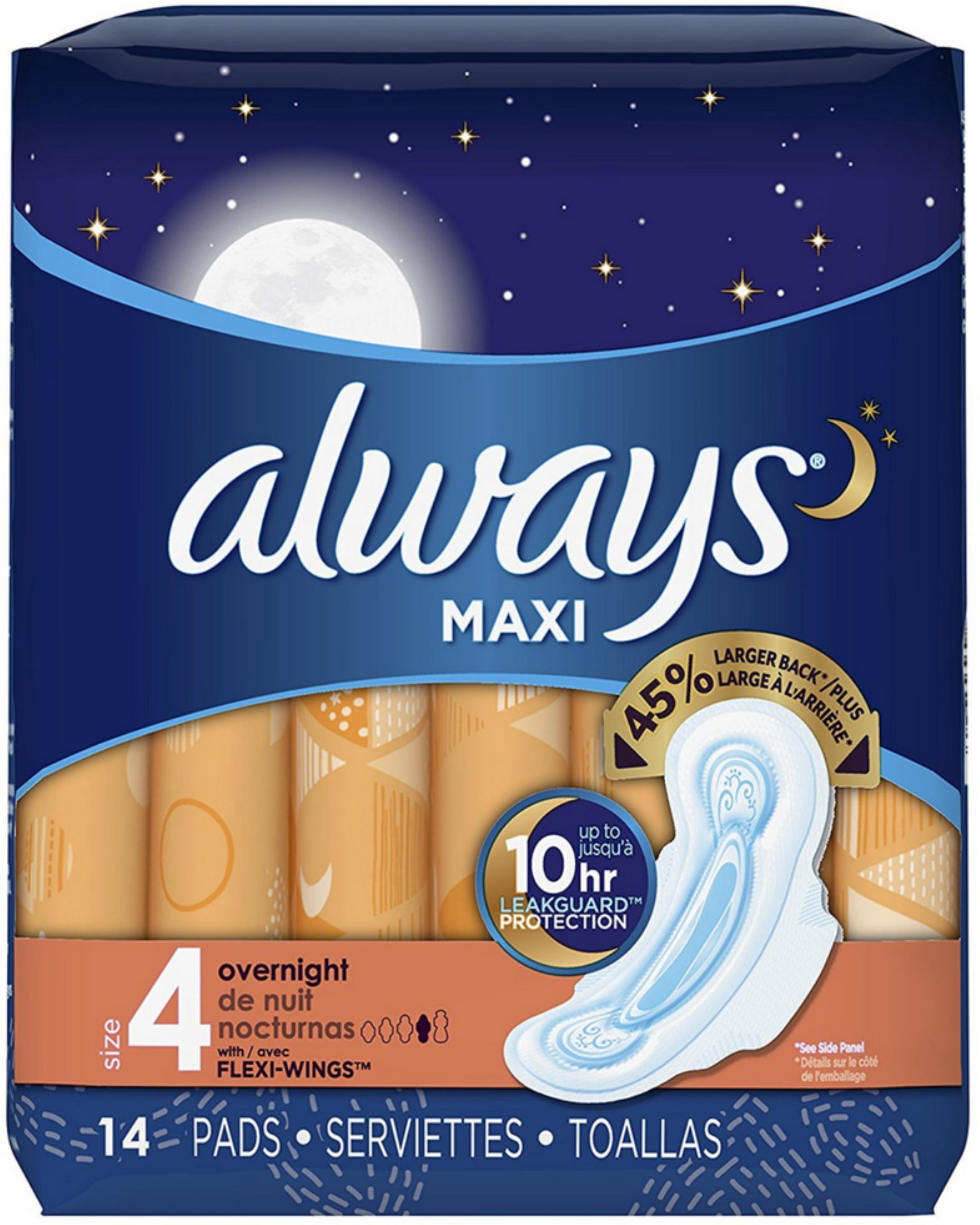 4 Pack Always Maxi Overnight Pads with Wings, Size 4, Unscented 14 ea