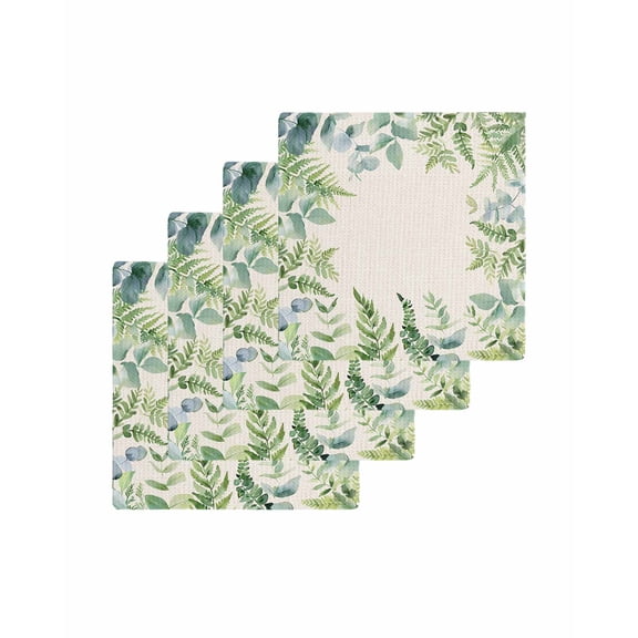 Eucalyptus Leaves Kitchen Dish Towels for Drying Dishes Set of 4, Rustic Sage Green Botanical Burlap Waffle Weave Microfiber Terry Hand Tea Bathroom Towels Quick Dry & Absorbent Towel 12x12